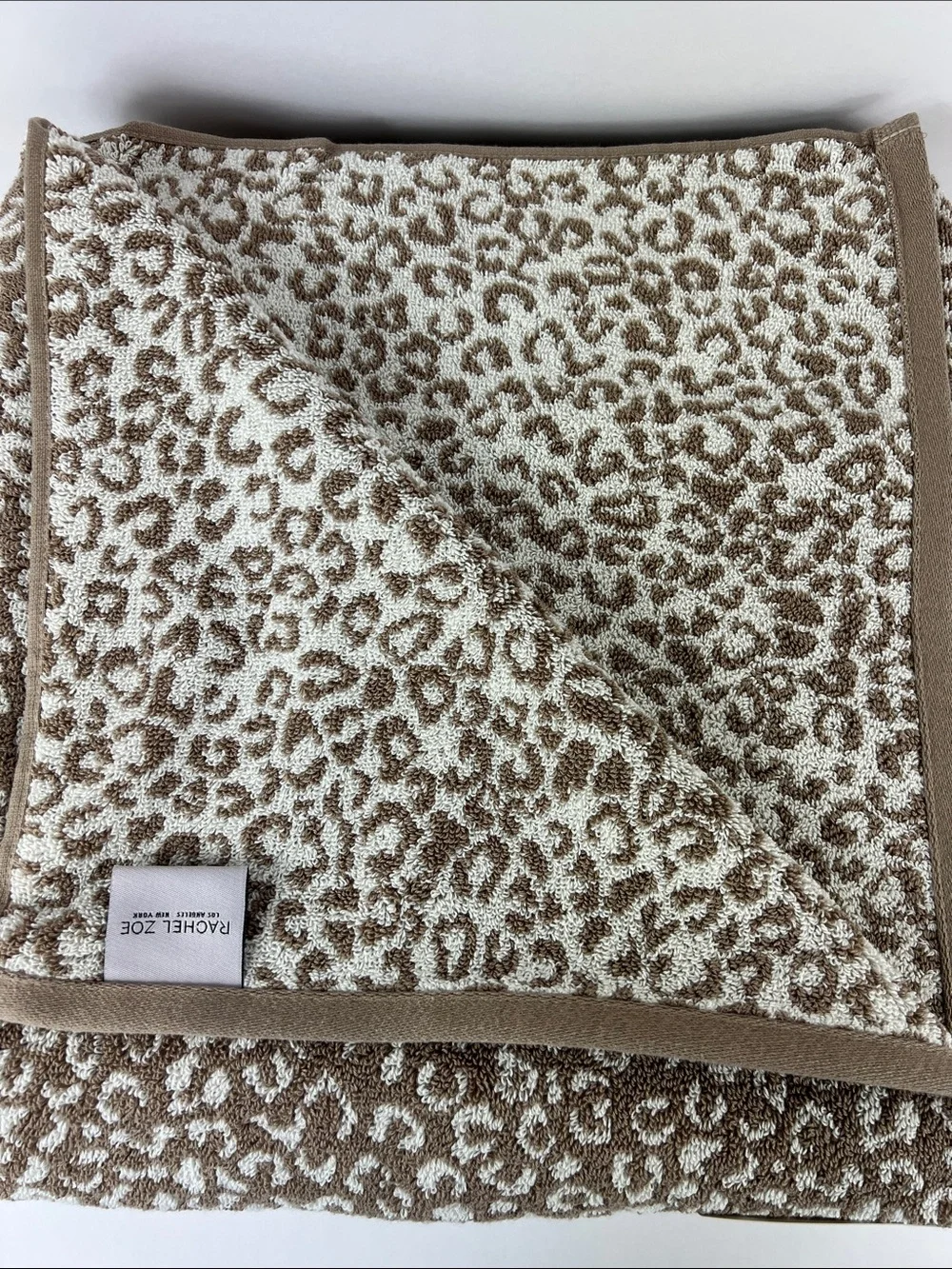 Rachel Zoe Bath Towels Brown Tan Cream Leopard Animal Print 100% Cotton 2 Pc NEW